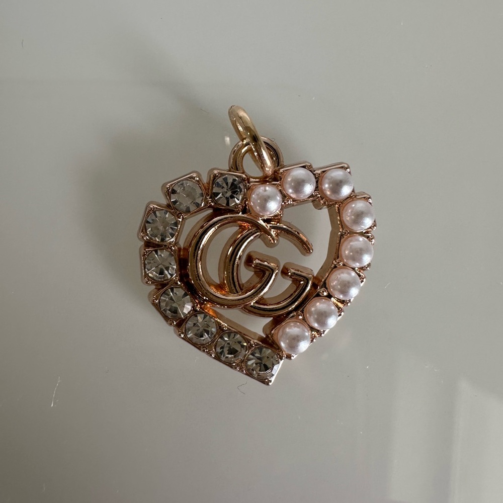 Gucci Stamped Gold Toned GG with Pearl & Rhinestones Zipper Pull Charm